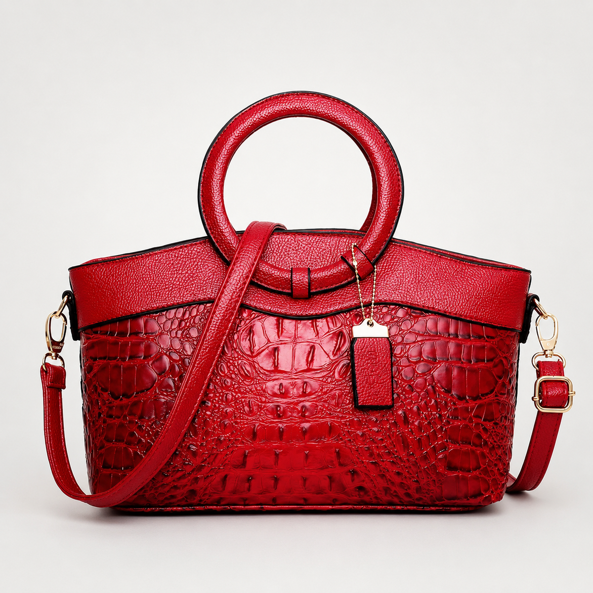 Croc-Embossed Round Handle Convertible Tote
