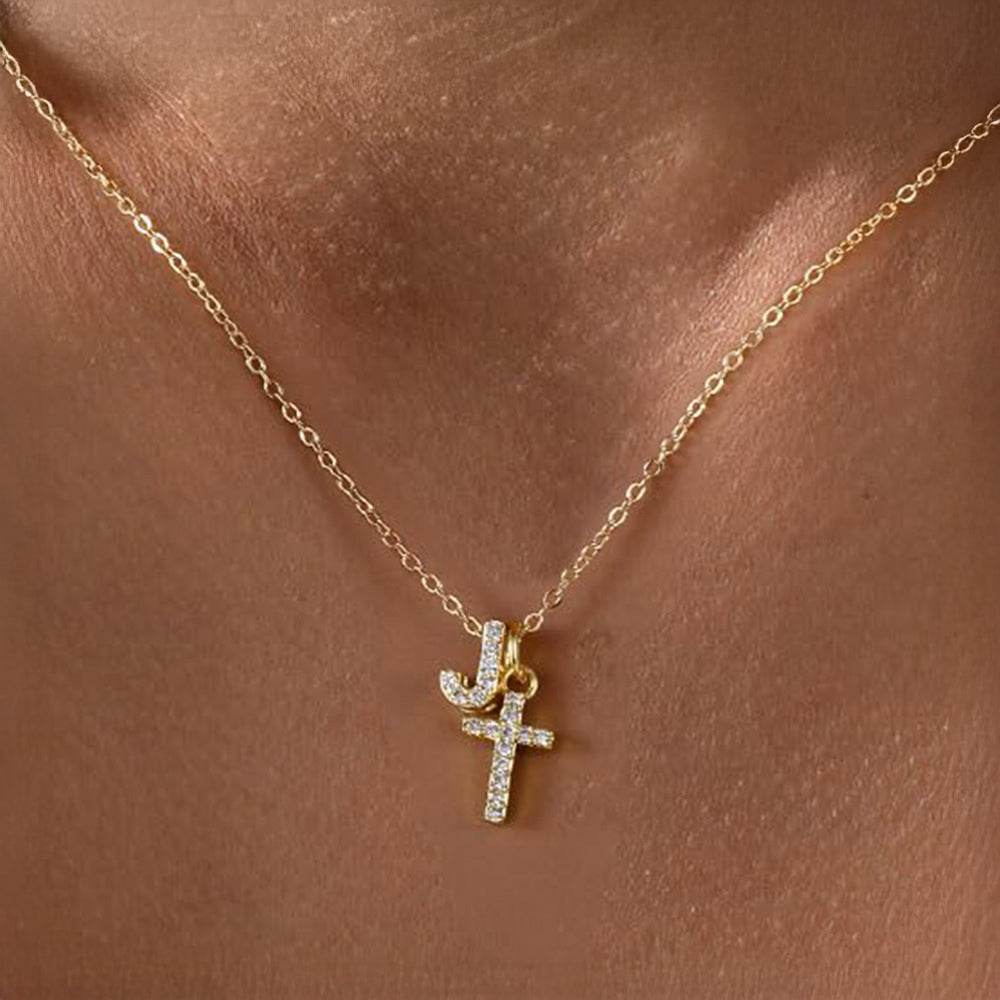 Delicate Diamond Initial & Cross Necklace