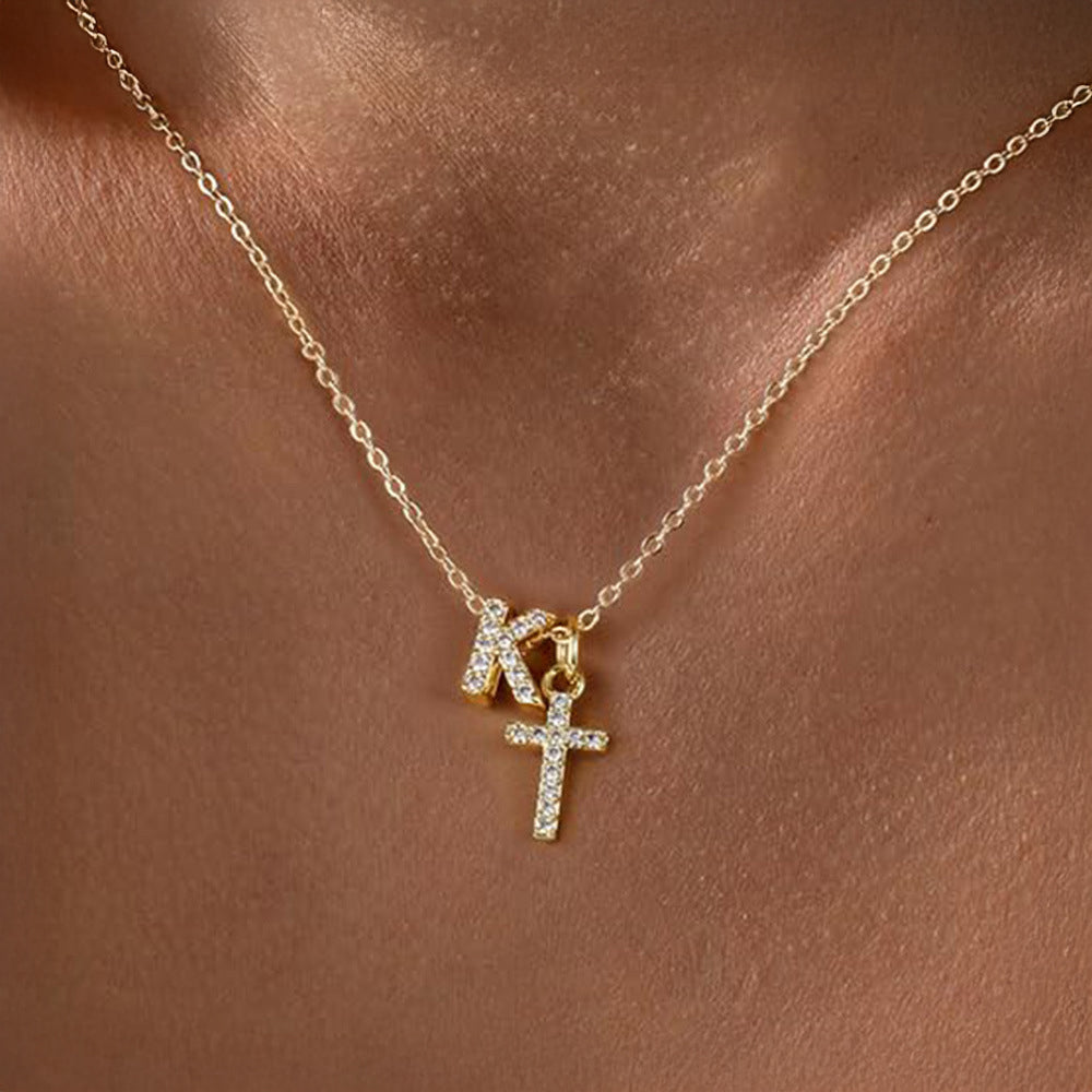 Delicate Diamond Initial & Cross Necklace