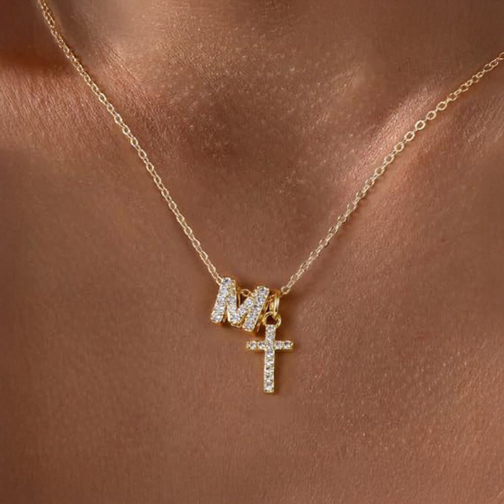 Delicate Diamond Initial & Cross Necklace