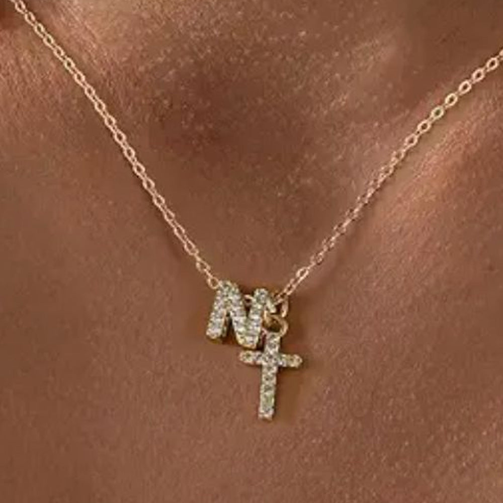Delicate Diamond Initial & Cross Necklace