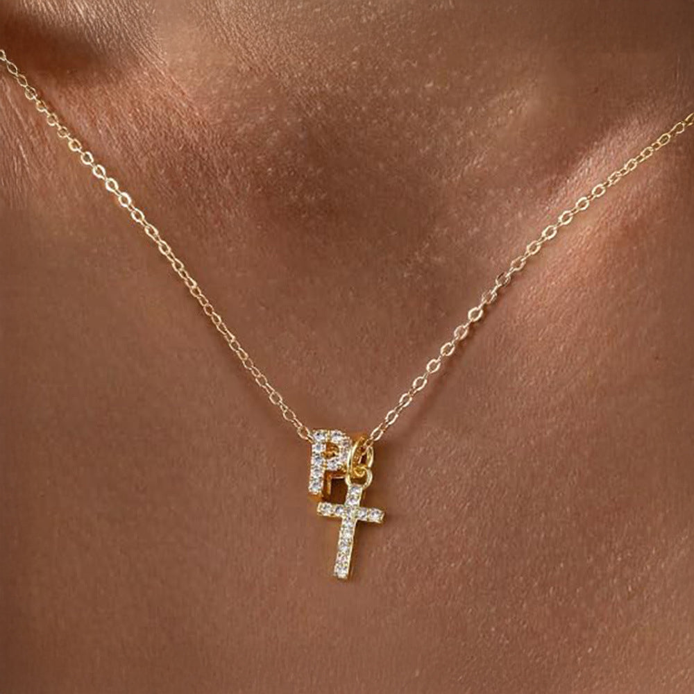 Delicate Diamond Initial & Cross Necklace