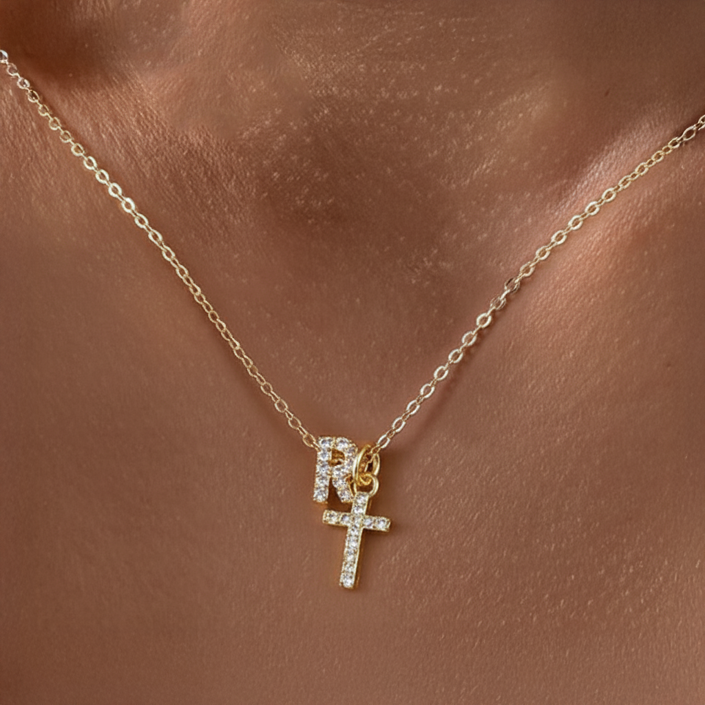 Delicate Diamond Initial & Cross Necklace