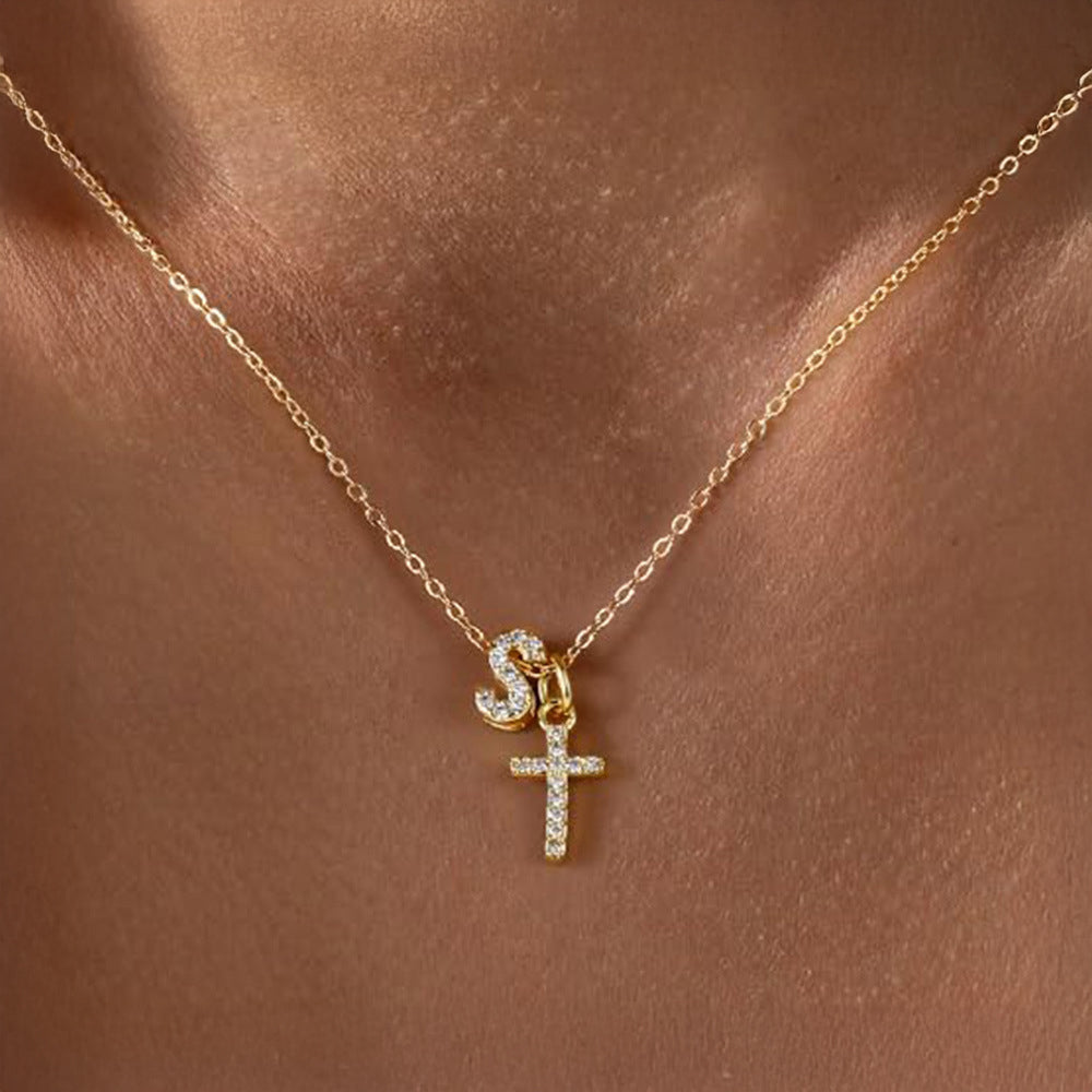 Delicate Diamond Initial & Cross Necklace