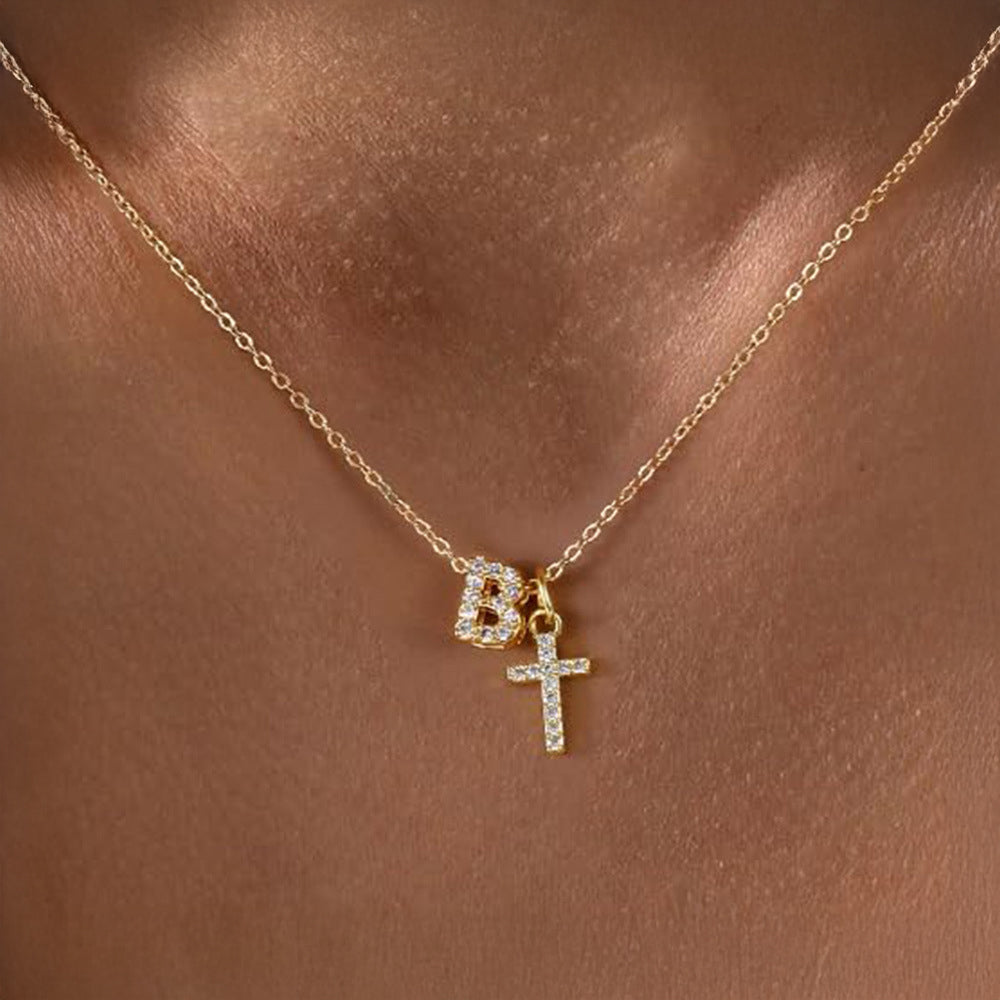 Delicate Diamond Initial & Cross Necklace