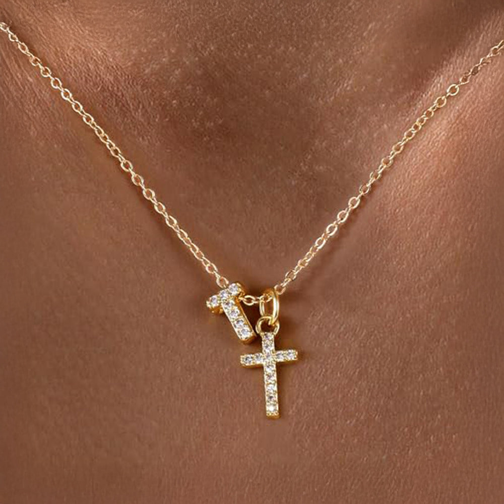 Delicate Diamond Initial & Cross Necklace
