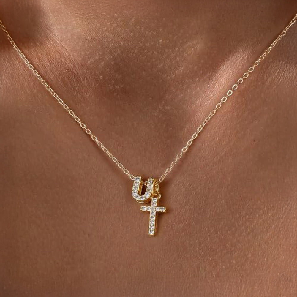 Delicate Diamond Initial & Cross Necklace