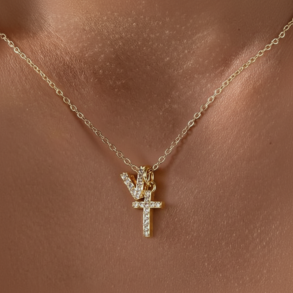 Delicate Diamond Initial & Cross Necklace