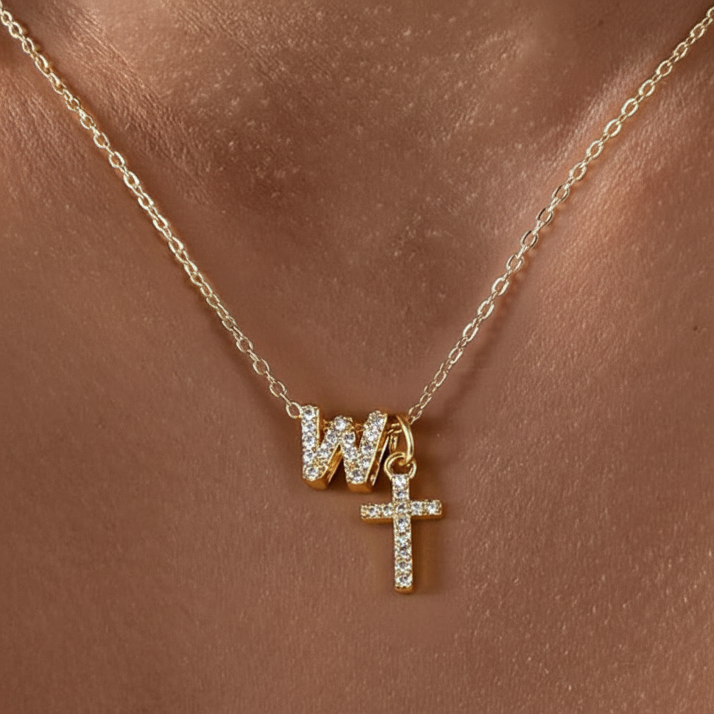 Delicate Diamond Initial & Cross Necklace