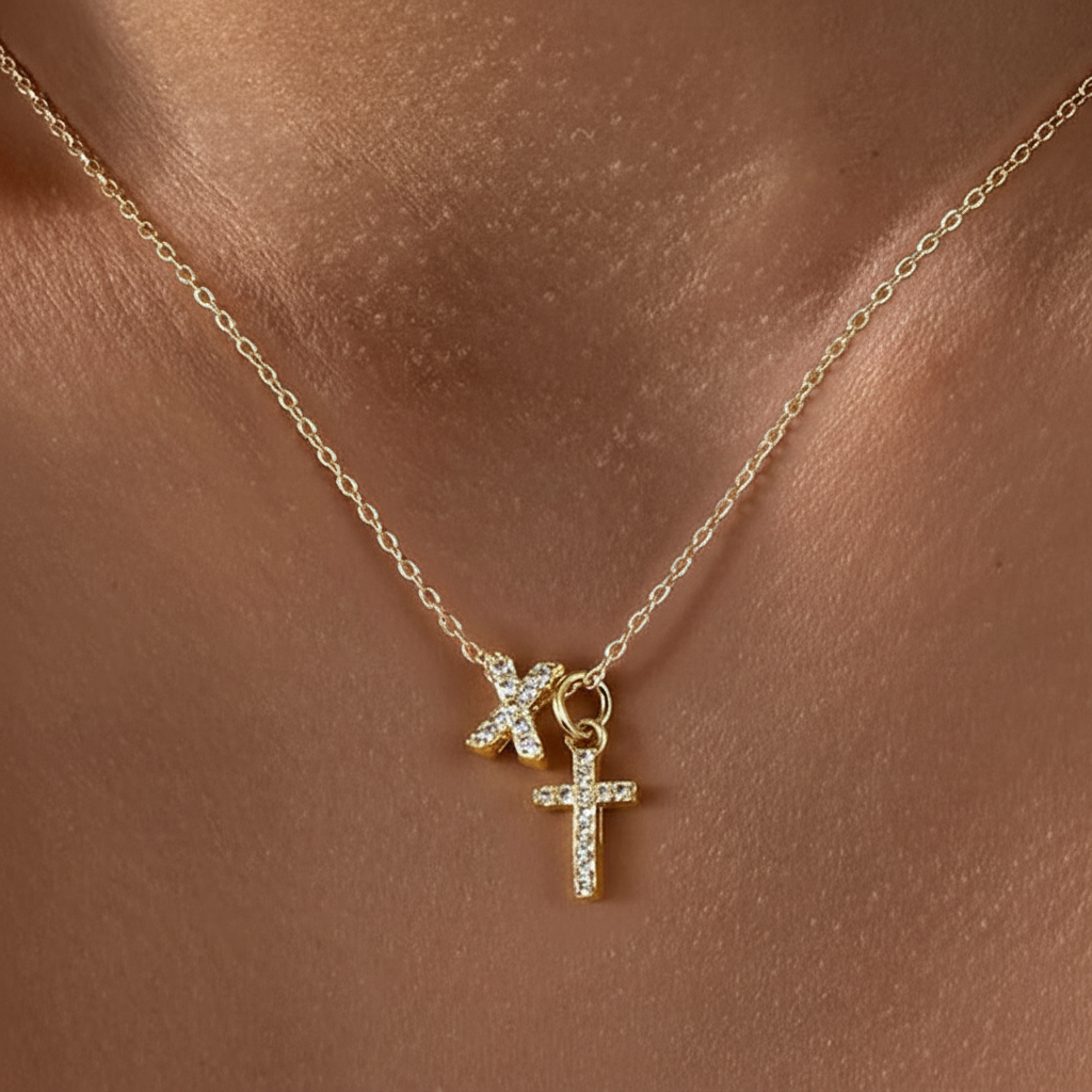 Delicate Diamond Initial & Cross Necklace