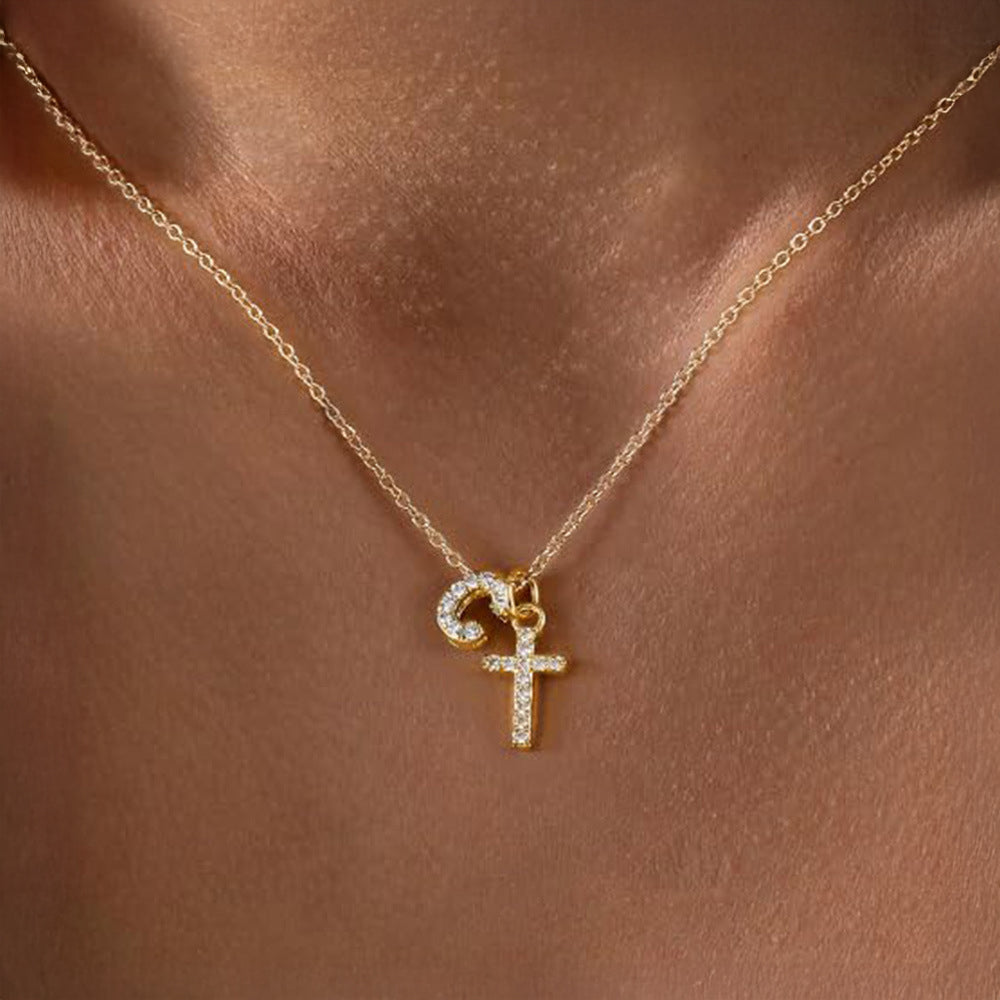 Delicate Diamond Initial & Cross Necklace