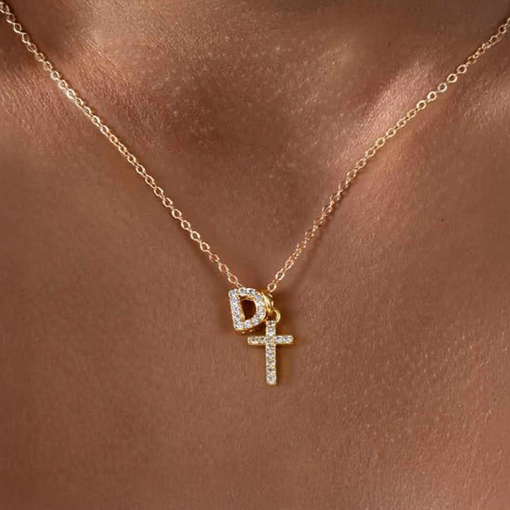 Delicate Diamond Initial & Cross Necklace