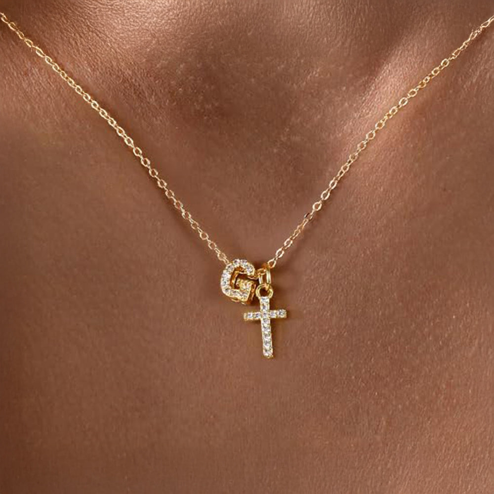 Delicate Diamond Initial & Cross Necklace