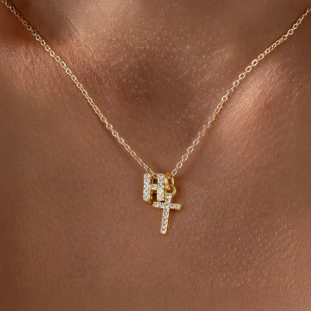 Delicate Diamond Initial & Cross Necklace