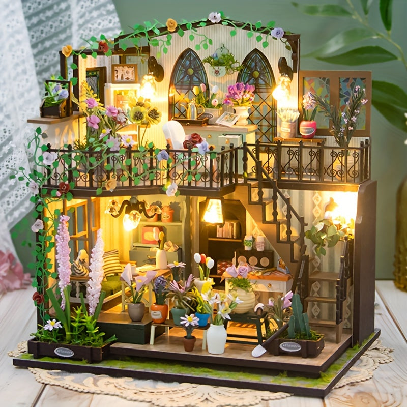 DIY Miniature Greenhouse with LED Light – Handmade 3D Wooden Puzzle for Creative Home Decor