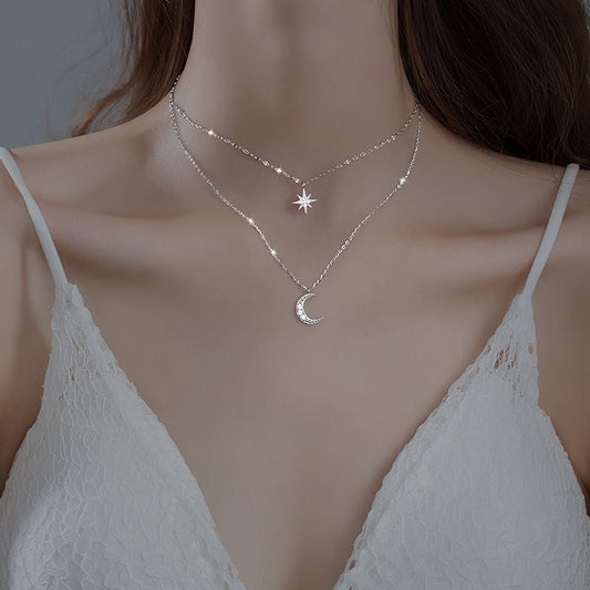 Double-Row Moon Necklace Light Silver