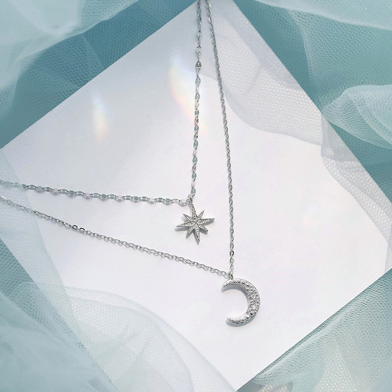 Double-Row Moon Necklace Light Silver