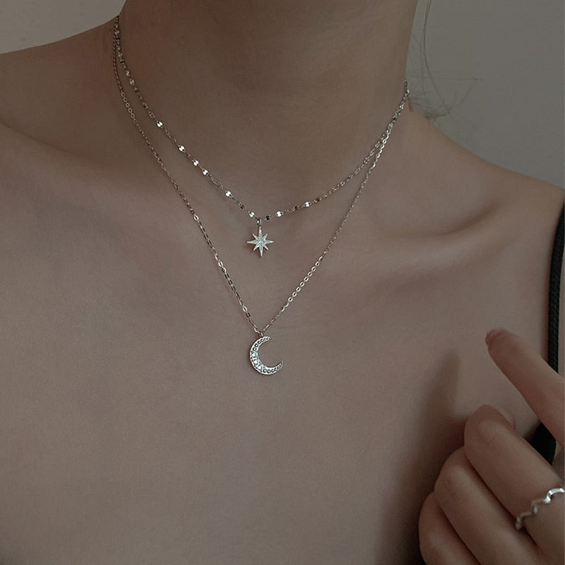 Double-Row Moon Necklace Light Silver