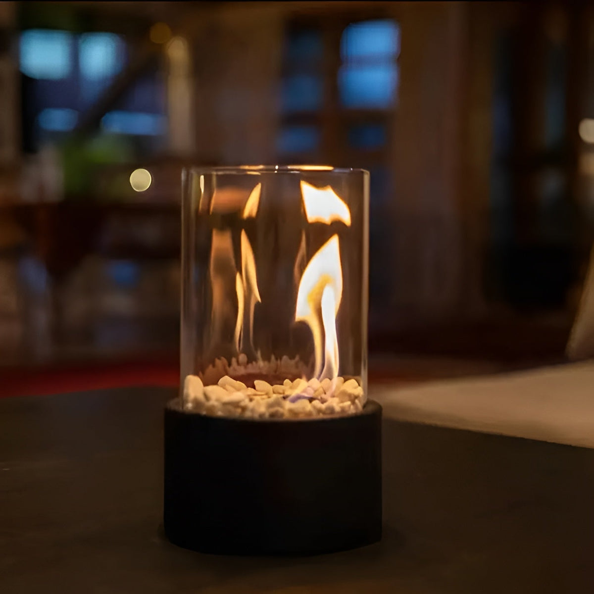 Elegant Black Metal-Based Tabletop Fireplace