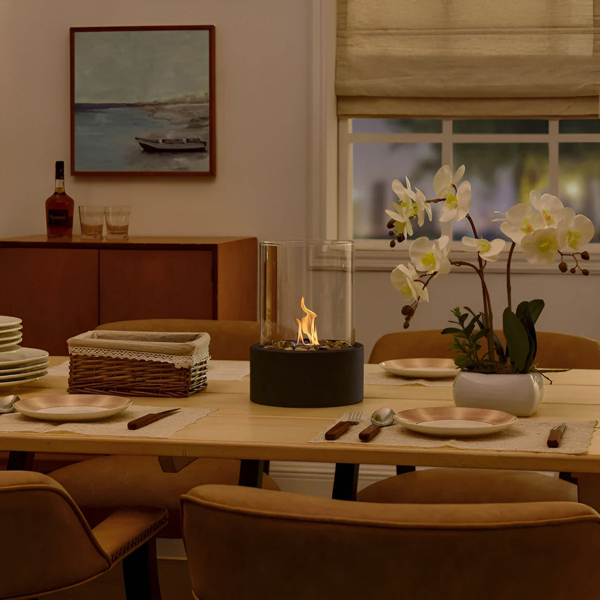 Elegant Black Metal-Based Tabletop Fireplace