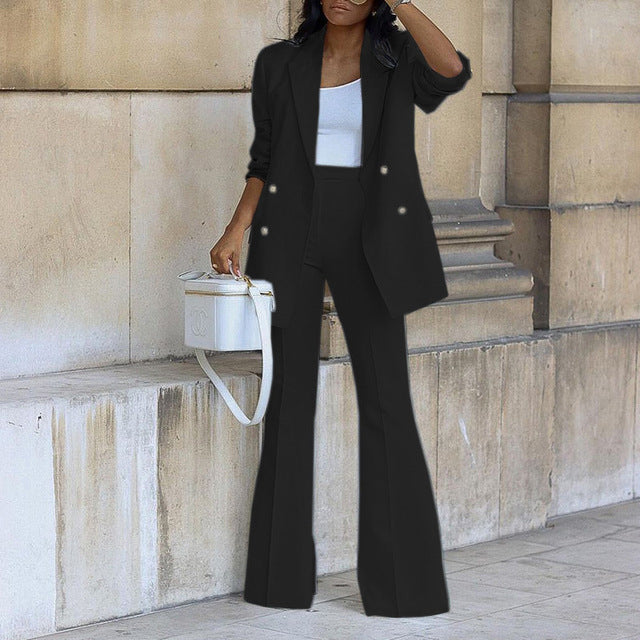 Elegant Double-Breasted Blazer and Flared Trousers Set