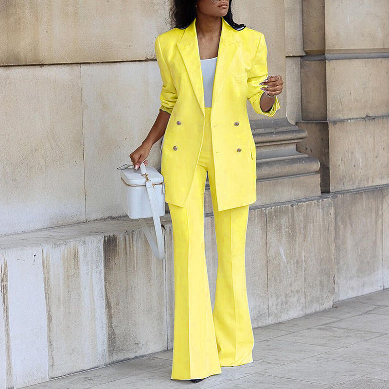 Elegant Double-Breasted Blazer and Flared Trousers Set