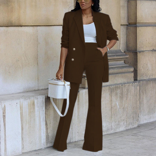 Elegant Double-Breasted Blazer and Flared Trousers Set