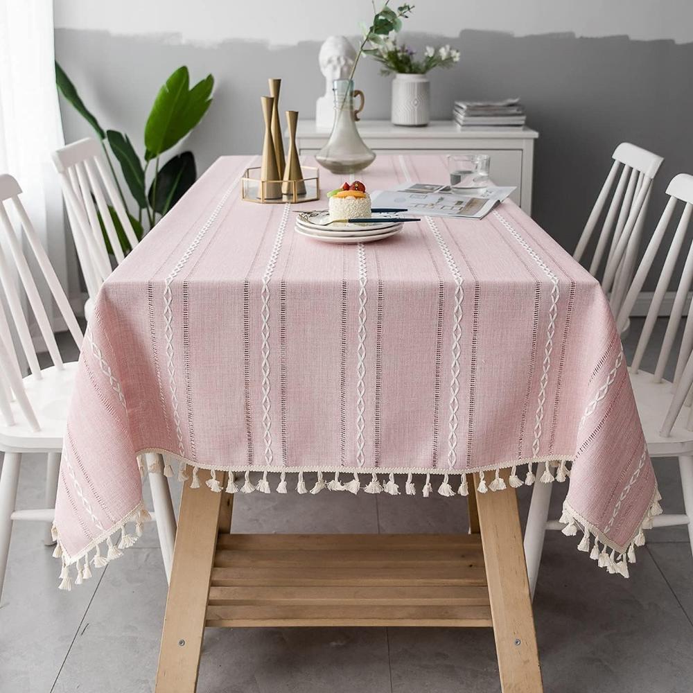 Elegant Rustic Striped Cotton Linen Dining Tablecloth