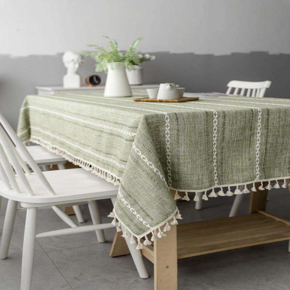 Elegant Rustic Striped Cotton Linen Dining Tablecloth