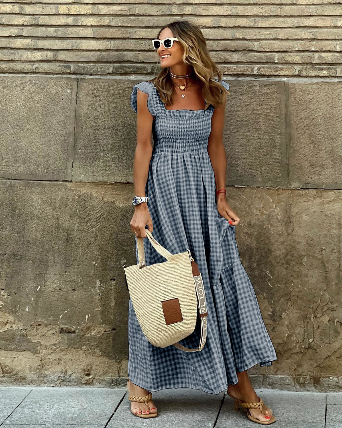 Elegant Smocked Maxi Dress with Sleeves