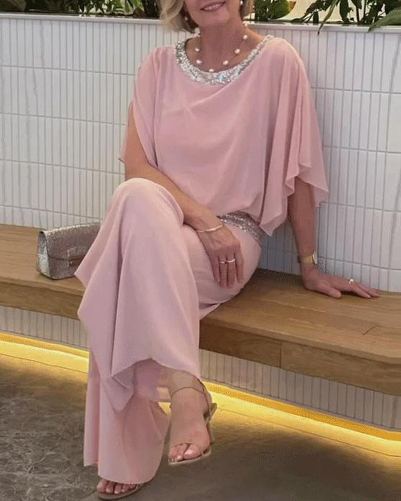 Elegant Two-Piece Set with Colorblock Sequin Trim
