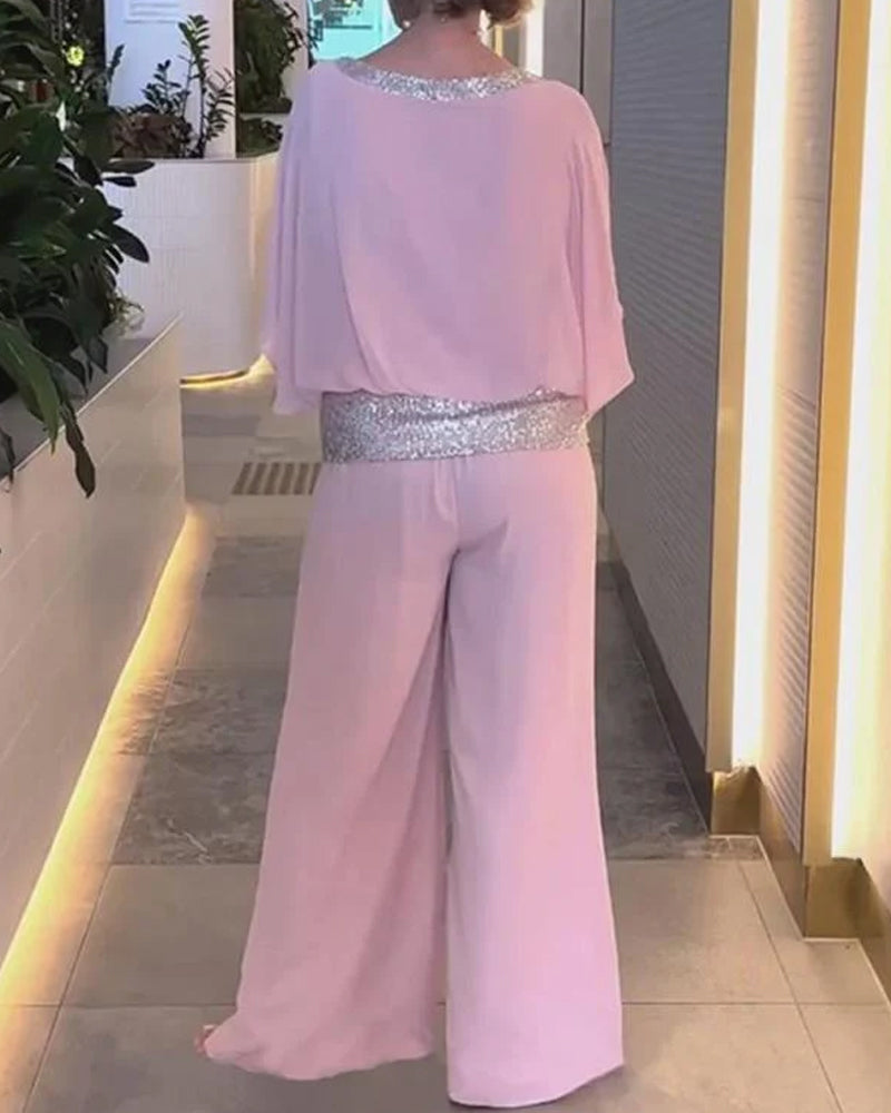 Elegant Two-Piece Set with Colorblock Sequin Trim
