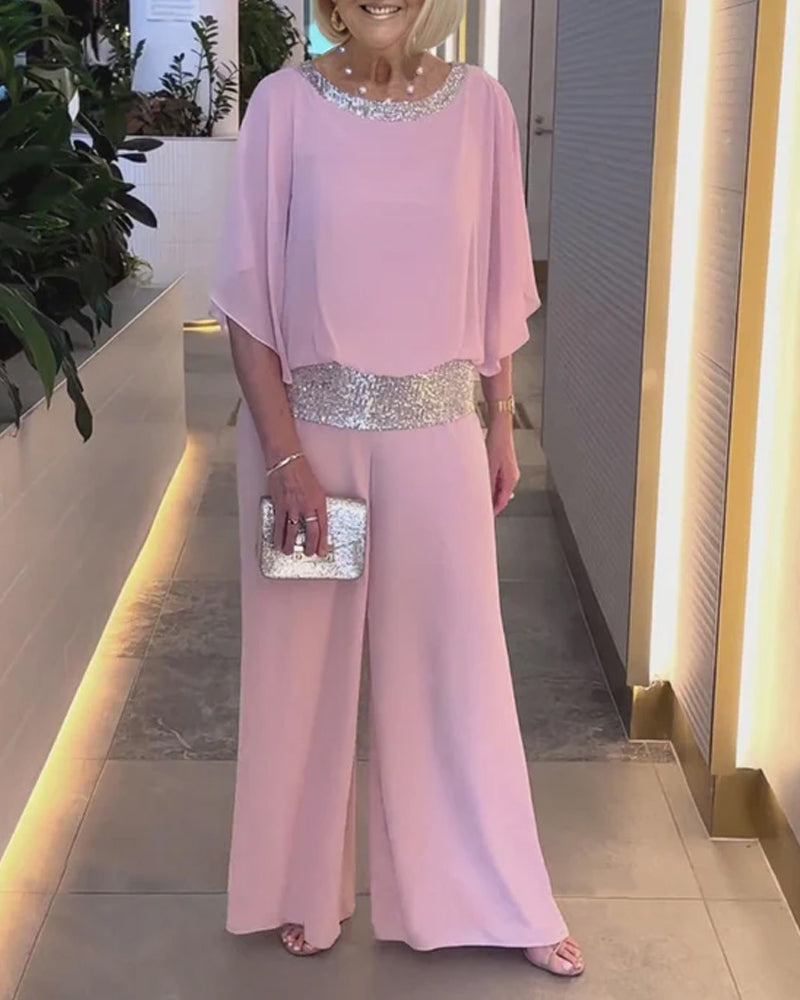 Elegant Two-Piece Set with Colorblock Sequin Trim
