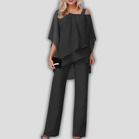 Elegant Women's 2-Piece Chiffon Set with Trousers and Layered Cape Blouse