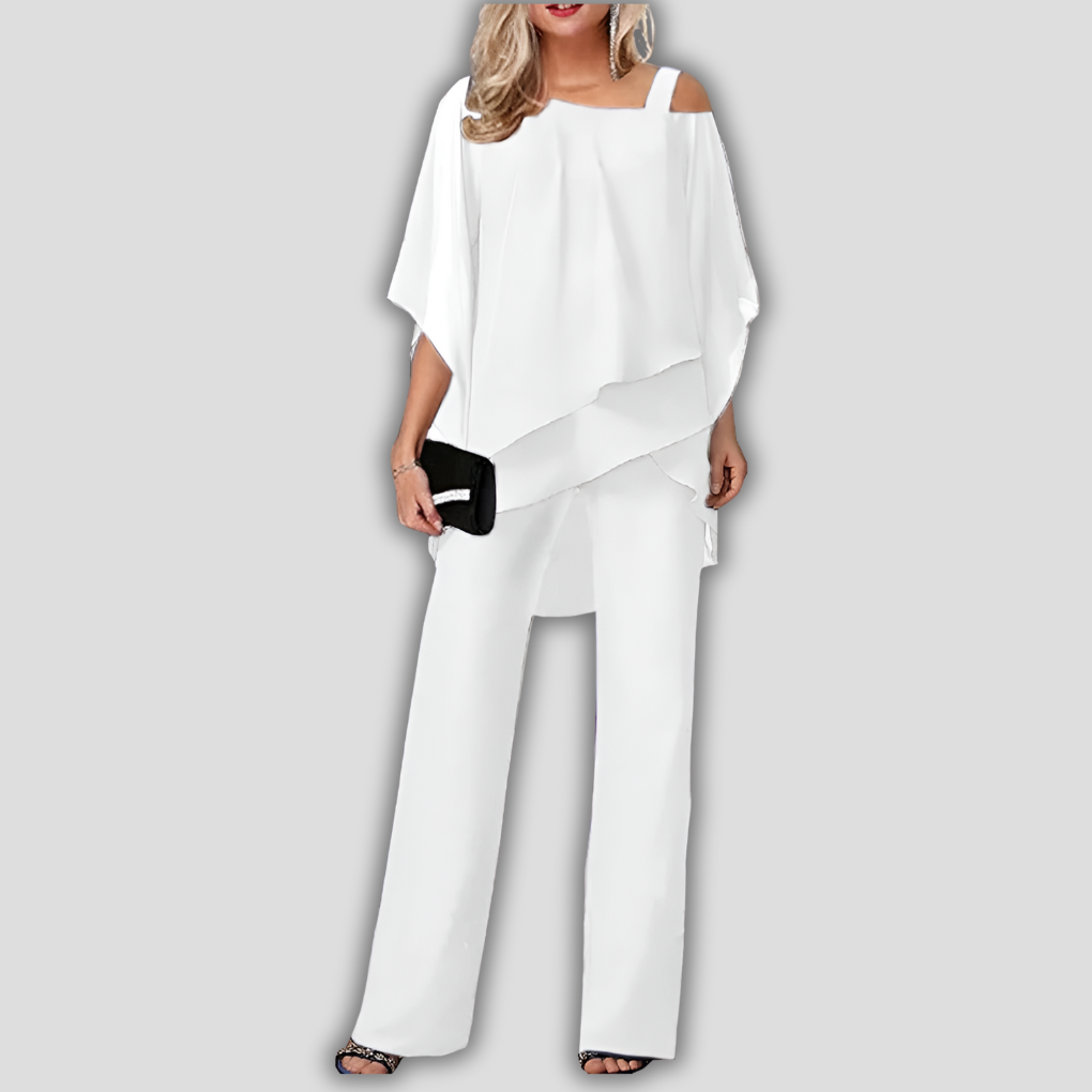 Elegant Women's 2-Piece Chiffon Set with Trousers and Layered Cape Blouse
