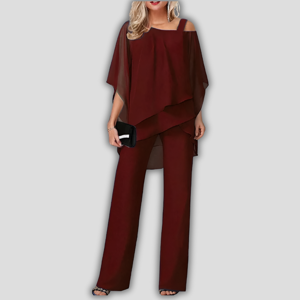 Elegant Women's 2-Piece Chiffon Set with Trousers and Layered Cape Blouse
