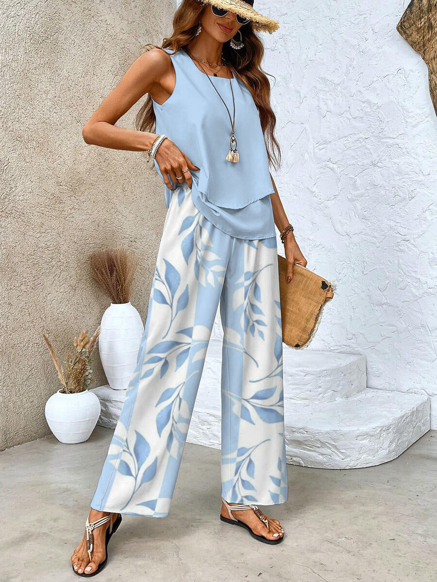 Elegant Women's Floral Print Set with Comfortable Trousers