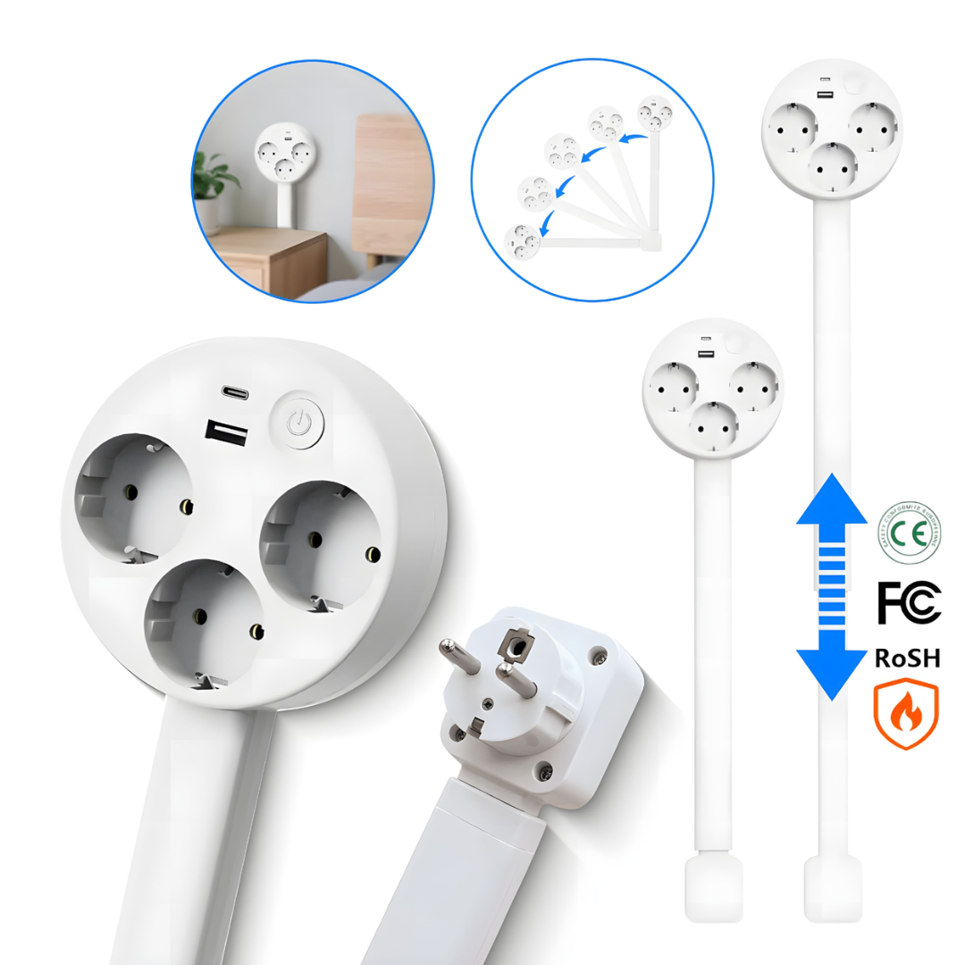 Extendable Power Socket with USB and Rotating Head, 3 Outlets, 47–67 cm, White