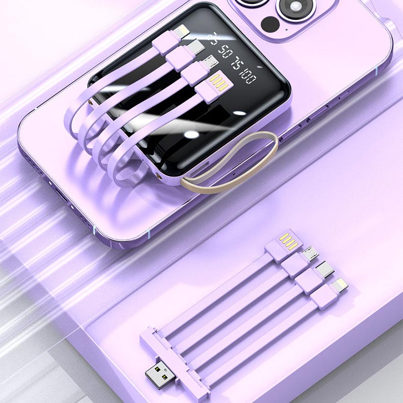 Fast Charge 20000mAh Mini Power Bank with Integrated Cables