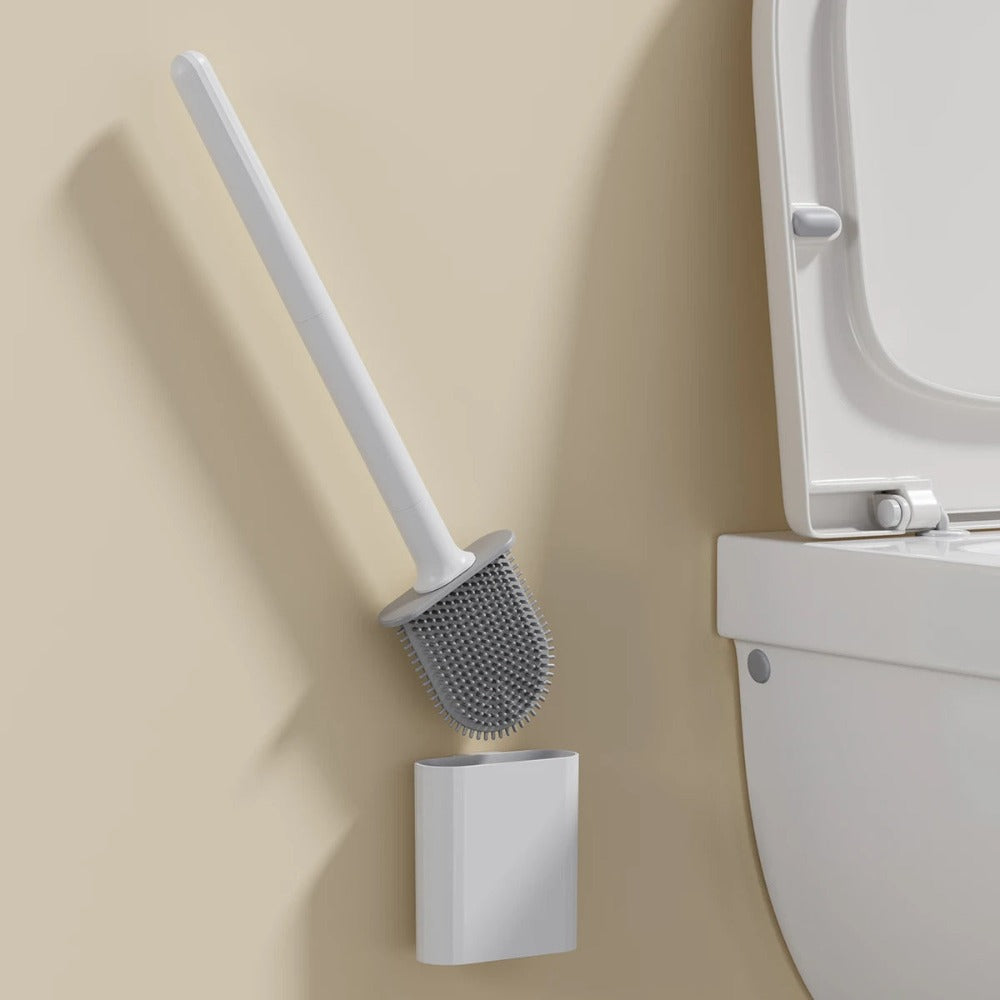 Flexible Silicone Toilet Brush with Wall-Mount Holder for Hygienic Cleaning Without Drilling