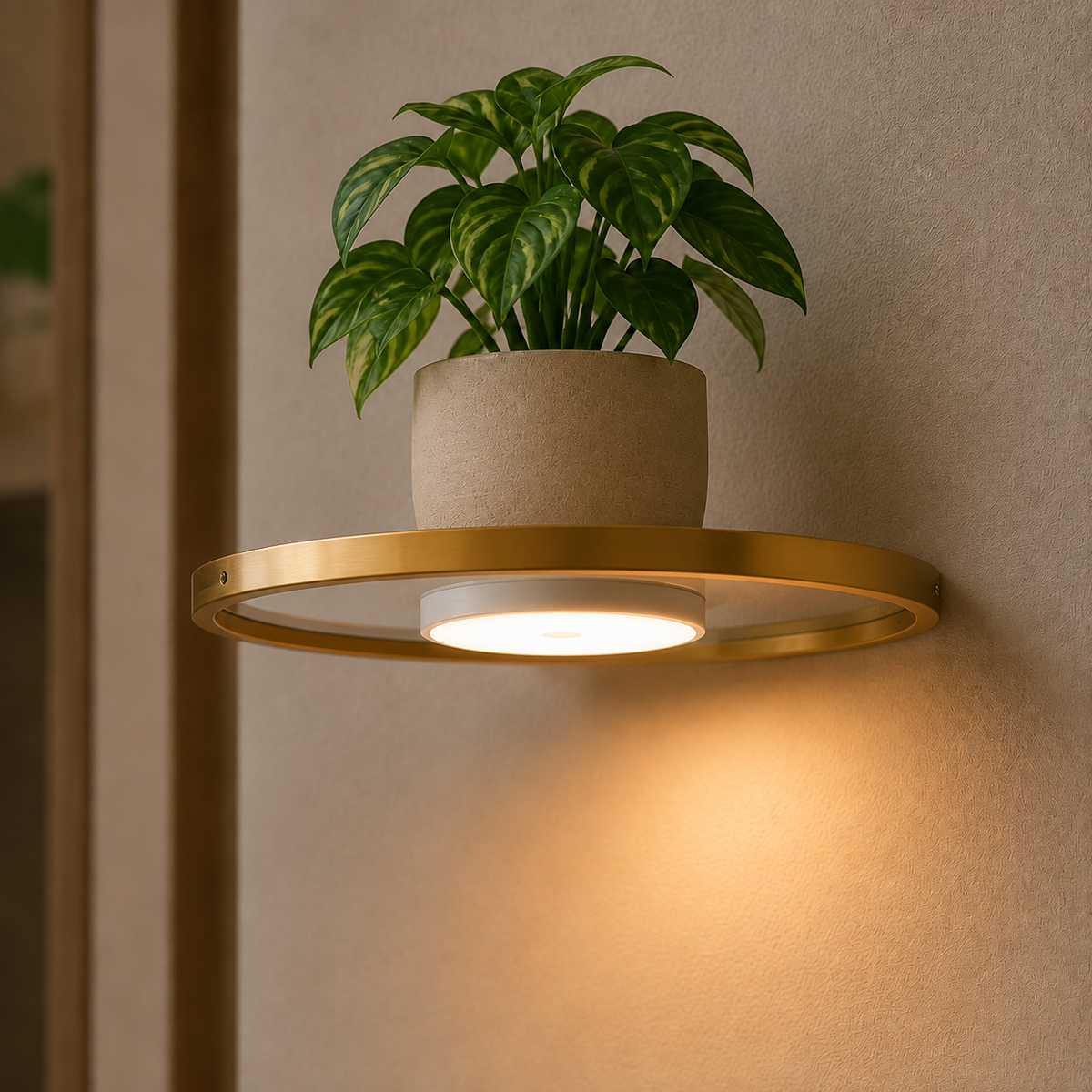 Floating LED Wall Shelf with Gold Finish and Rechargeable Ambient Light for Plants