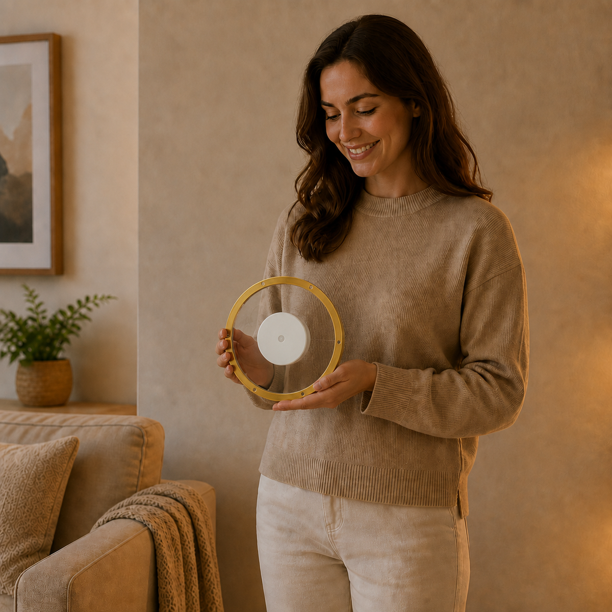 Floating LED Wall Shelf with Gold Finish and Rechargeable Ambient Light for Plants