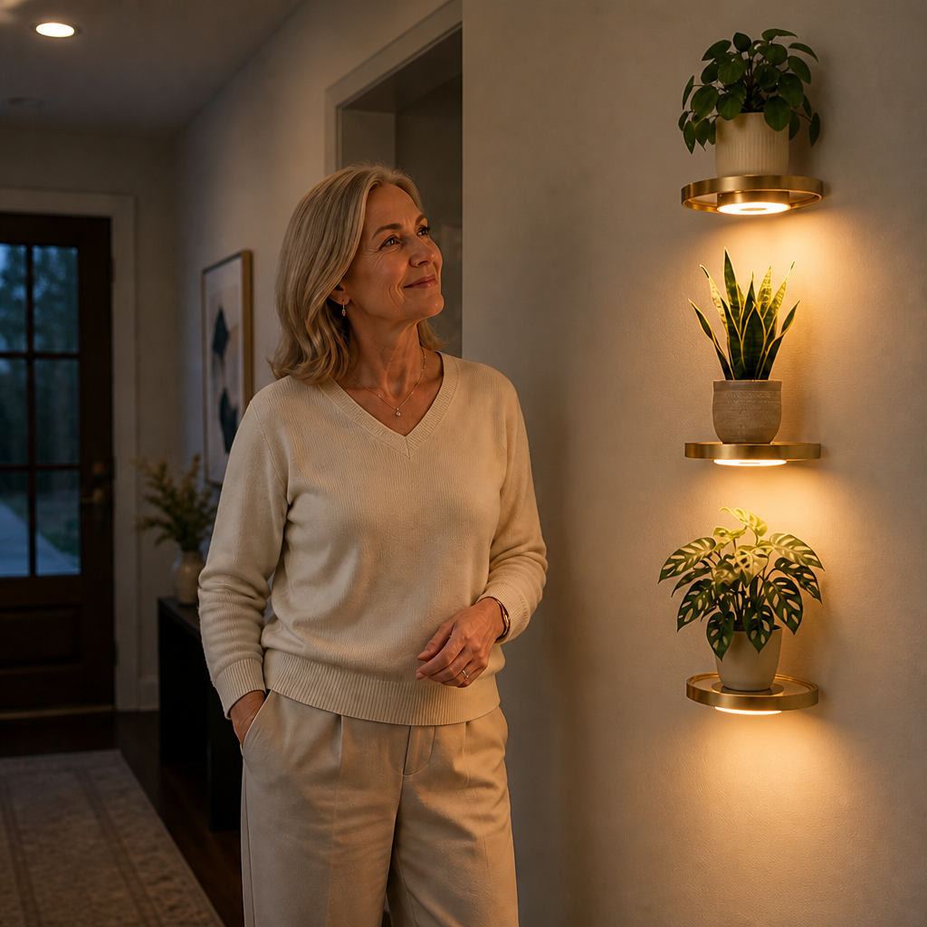 Floating LED Wall Shelf with Gold Finish and Rechargeable Ambient Light for Plants