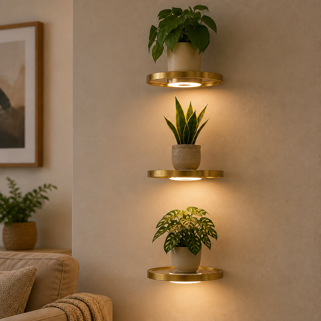 Floating LED Wall Shelf with Gold Finish and Rechargeable Ambient Light for Plants
