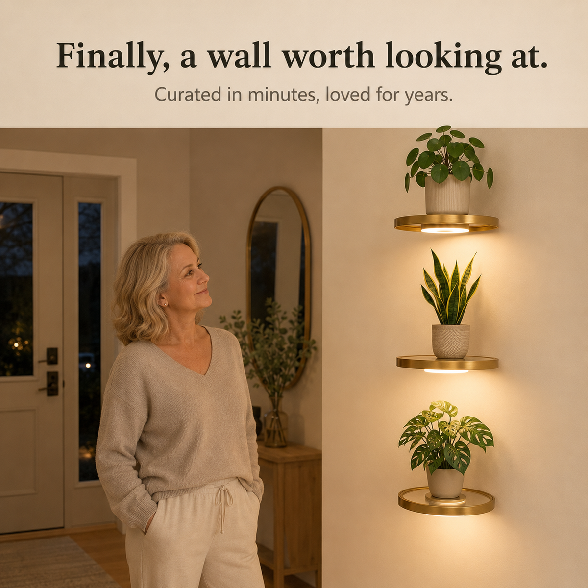 Floating LED Wall Shelf with Gold Finish and Rechargeable Ambient Light for Plants