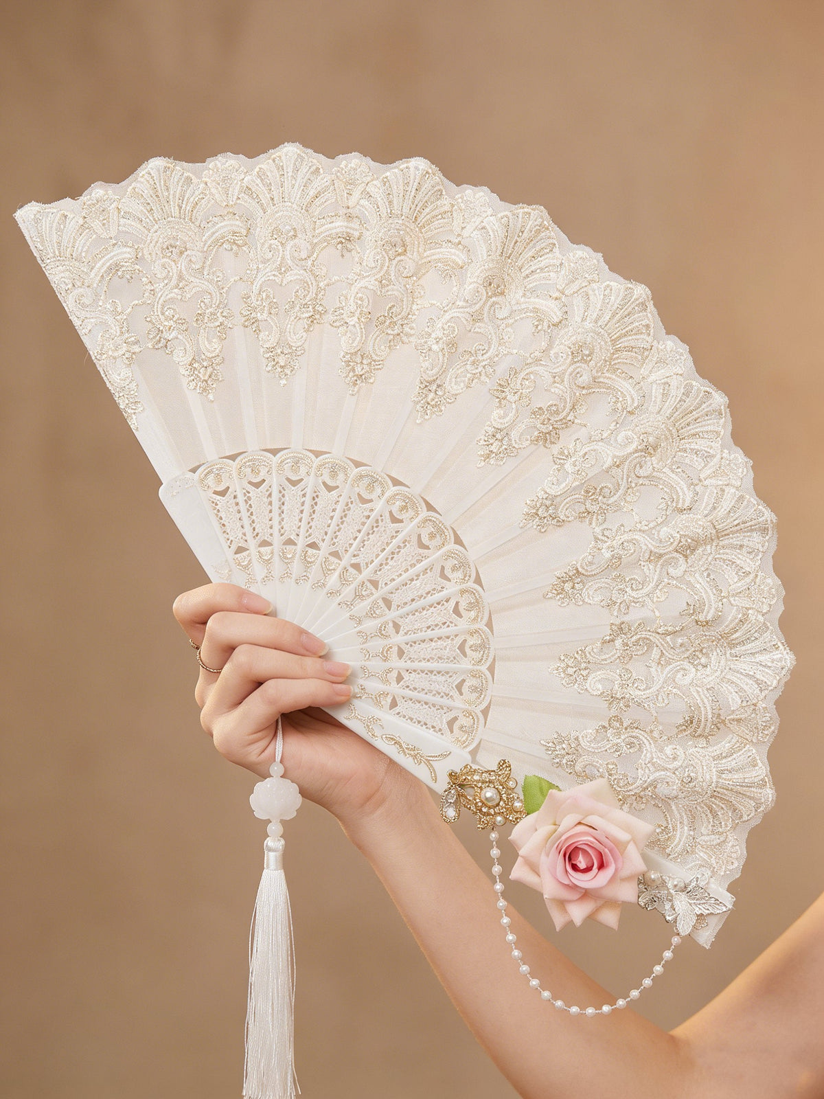Floral Folding Hand Fan with Lace Pattern for Weddings and Parties – Elegant and Lightweight Accessory