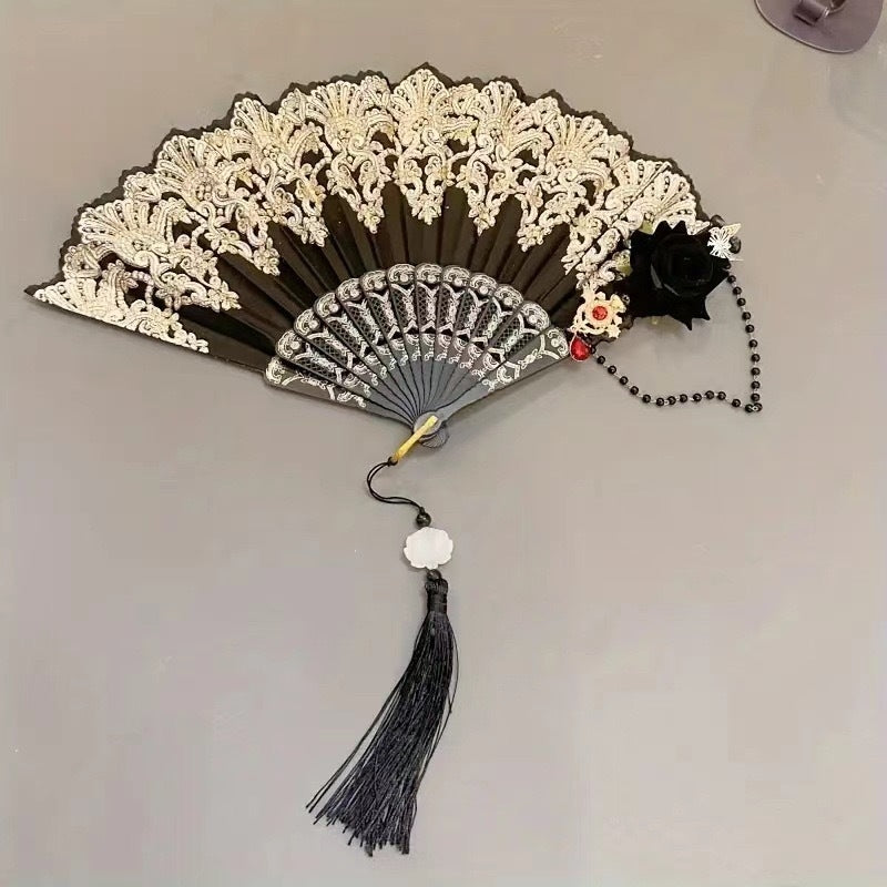 Floral Folding Hand Fan with Lace Pattern for Weddings and Parties – Elegant and Lightweight Accessory