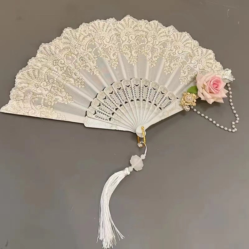Floral Folding Hand Fan with Lace Pattern for Weddings and Parties – Elegant and Lightweight Accessory