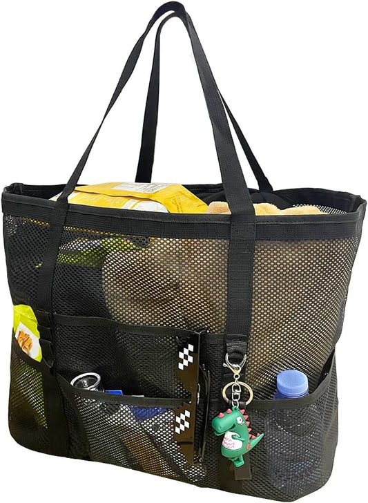 Foldable Mesh Beach Tote Bag with 9 Pockets for Family Days