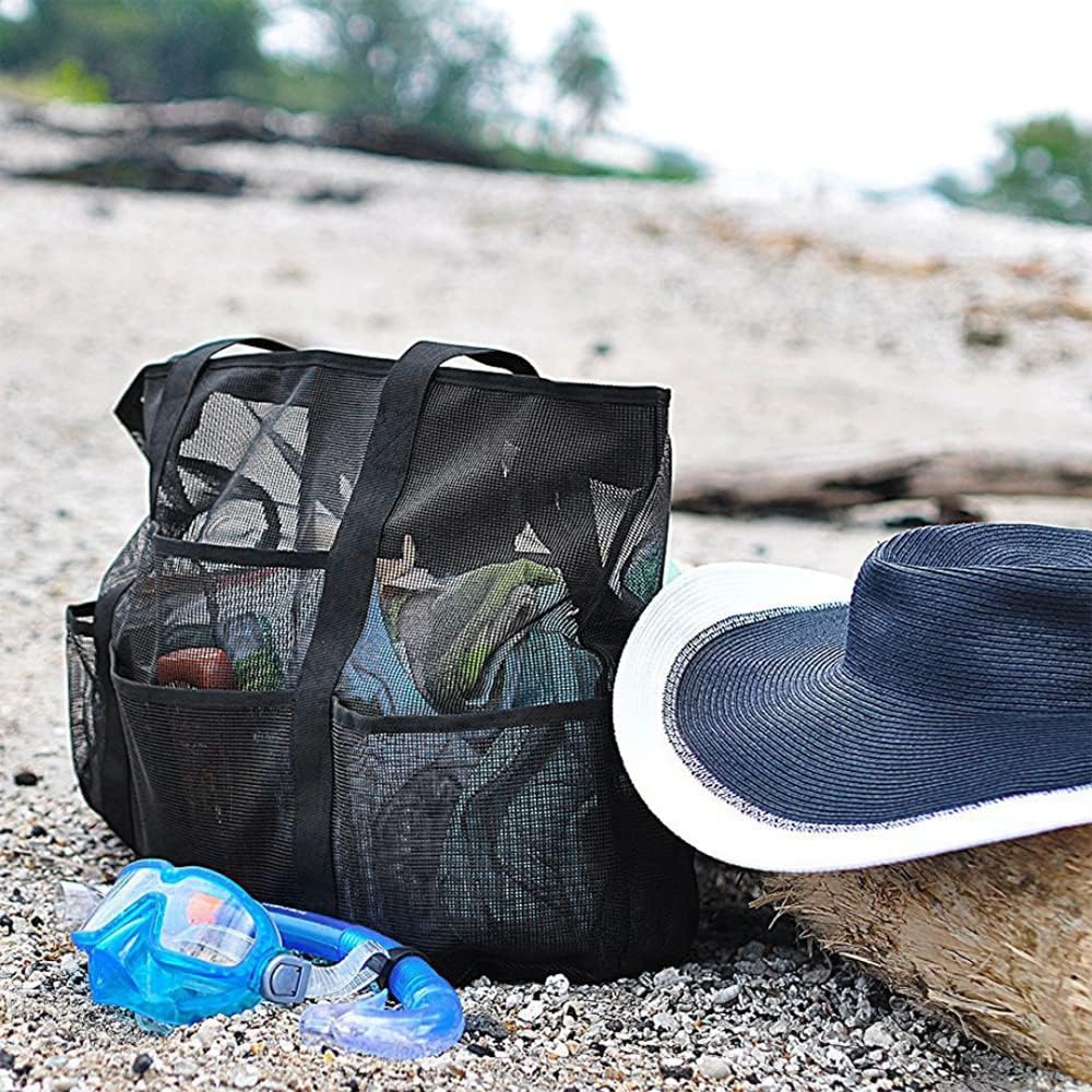 Foldable Mesh Beach Tote Bag with 9 Pockets for Family Days